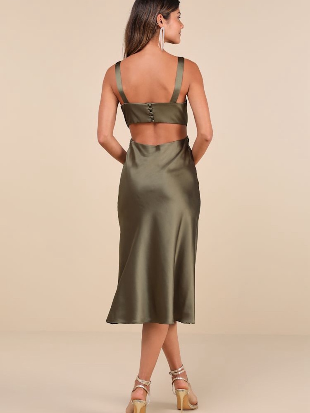 NWT Lulus Unmatched Elegance Olive Satin Sleeveless Midi Dress - Picture 3 of 9
